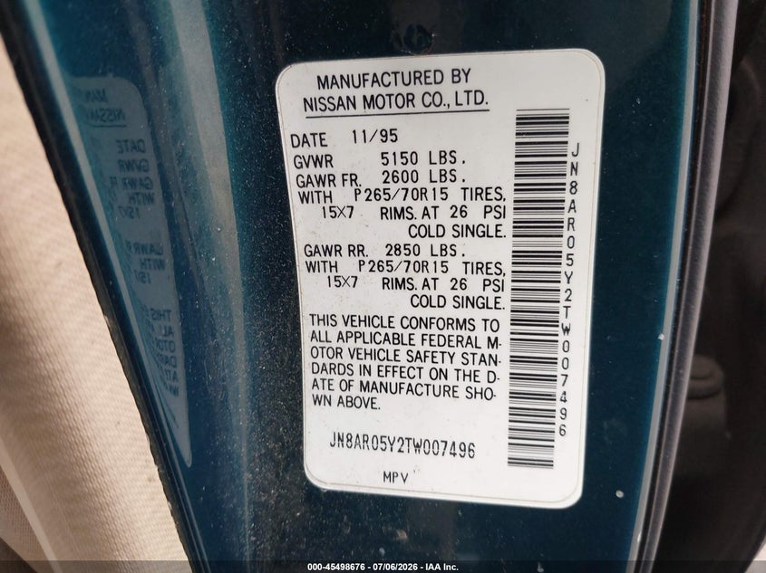 1996 Nissan Pathfinder VIN JN8AR05Y2TW007496 IAAI salvage auction — UNKNOWN, Parts Only Bos (Maryland), sold $275 on 2026-07-15 (photo 9)