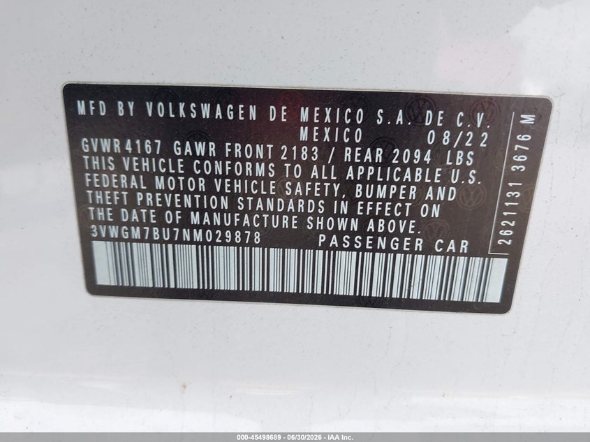 2022 Volkswagen Jetta VIN 3VWGM7BU7NM029878 IAAI salvage auction — SIDE, Salvage Title, sold $6,100 on 2026-08-12 (photo 9)