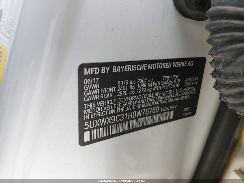 2017 BMW X3 VIN 5UXWX9C31H0W76760 IAAI salvage auction — SIDE, Salvage (Pennsylvania), sold $4,650 on 2026-08-01 (photo 9)
