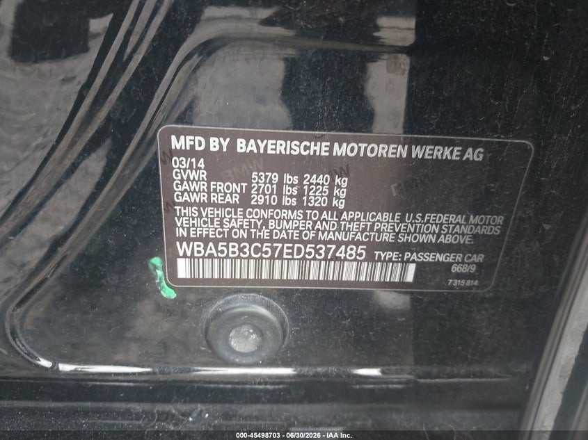 2014 BMW 5er VIN WBA5B3C57ED537485 IAAI salvage auction — FRONT END, Salvage (Ohio), sold $675 on 2026-07-28 (photo 9)