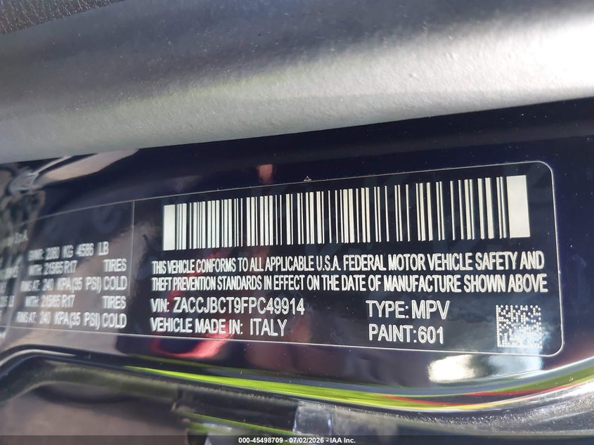 2015 Jeep Renegade VIN ZACCJBCT9FPC49914 IAAI salvage auction — SIDE, Parts Only Bos (Maryland), sold $625 on 2026-07-15 (photo 9)