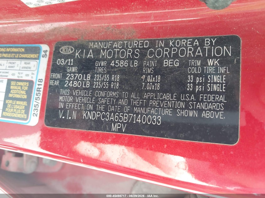2011 Kia Sportage VIN KNDPC3A65B7140033 IAAI salvage auction — NORMAL WEAR, Clear (Indiana), sold $1,100 on 2026-07-23 (photo 9)
