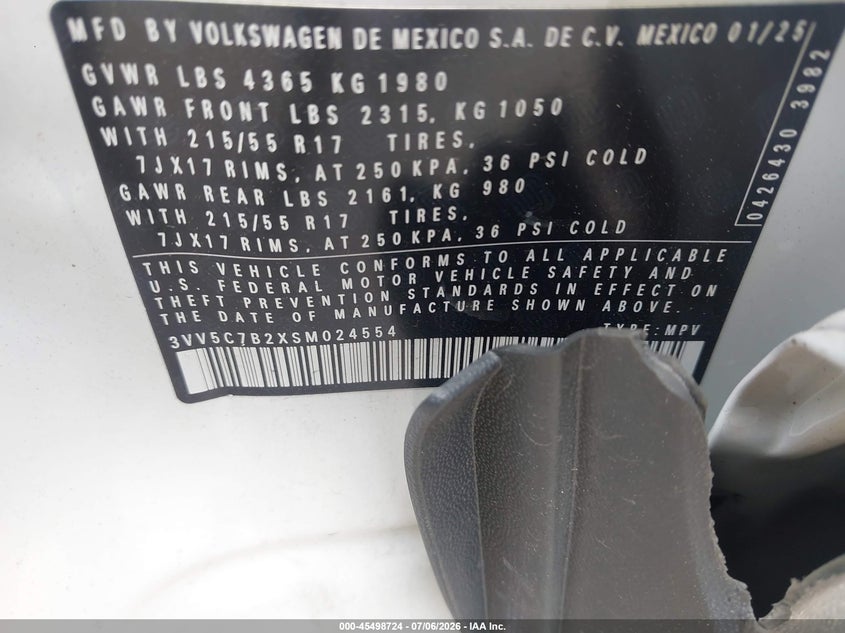 2025 Volkswagen Taos VIN 3VV5C7B2XSM024554 IAAI salvage auction — LEFT SIDE, Salvage Title, sold $7,850 on 2026-08-24 (photo 9)