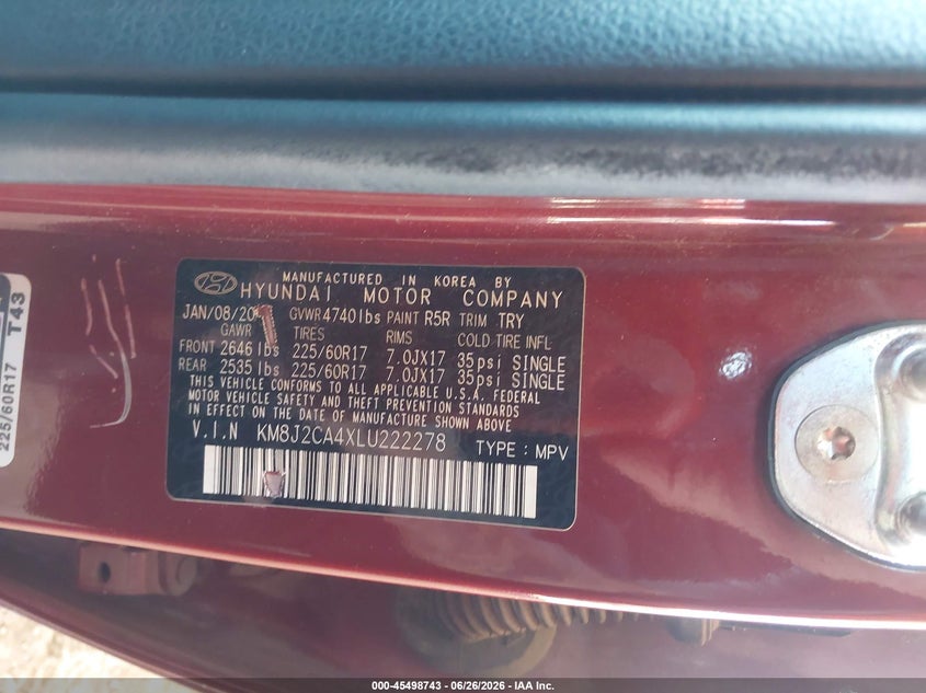 2020 Hyundai Tucson VIN KM8J2CA4XLU222278 IAAI salvage auction — NORMAL WEAR, Clear (Arizona), sold $1,050 on 2026-07-28 (photo 9)