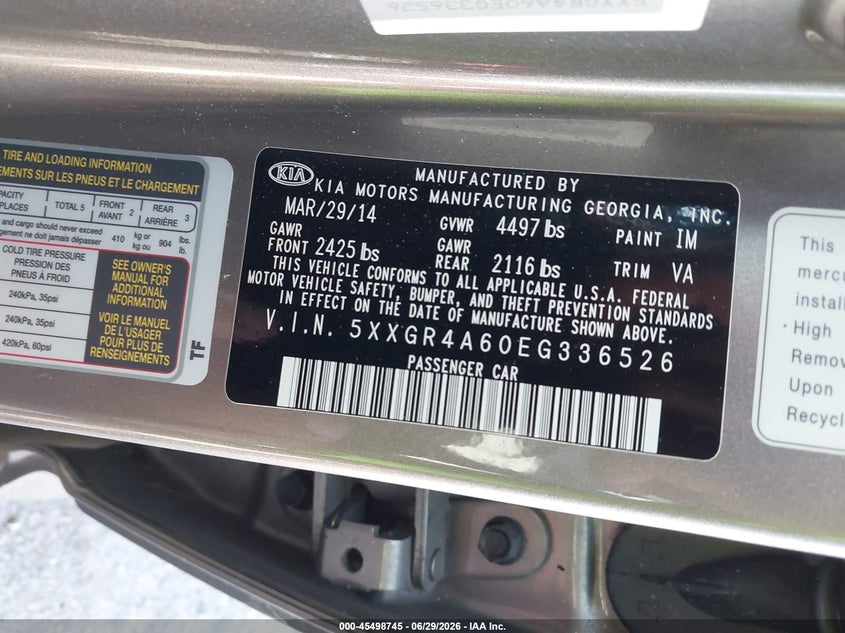2014 Kia Optima VIN 5XXGR4A60EG336526 IAAI salvage auction — UNKNOWN, Rebuildable (Florida), sold $300 on 2026-07-21 (photo 9)