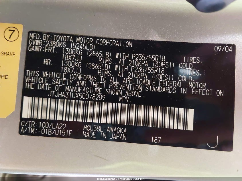 2005 Lexus Rx VIN JTJHA31UX50078289 IAAI salvage auction — LEFT FRONT, Salvage (North Carolina), sold $1,550 on 2026-07-19 (photo 9)