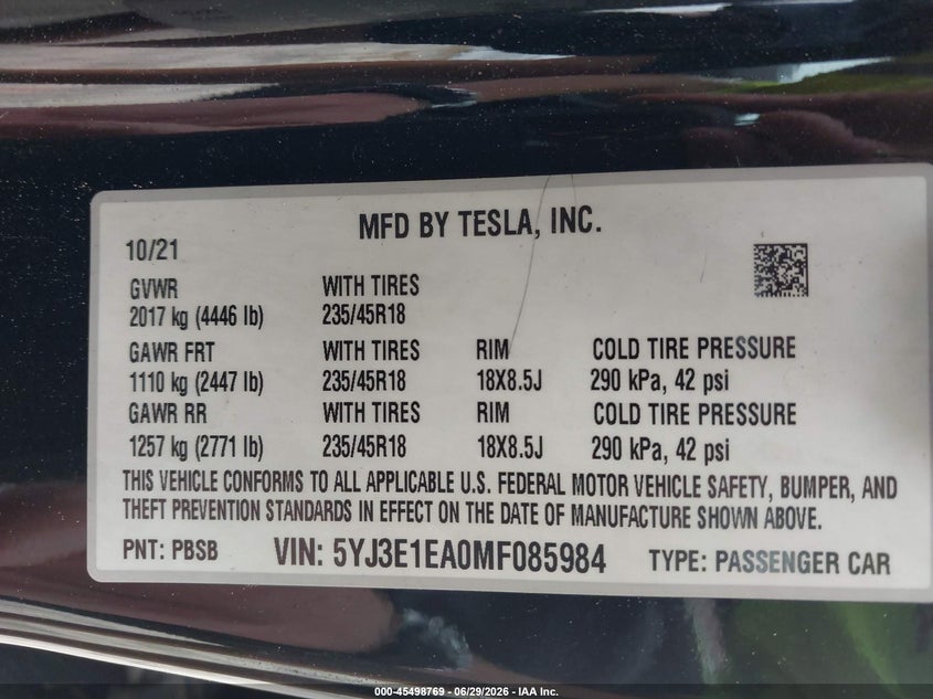 2021 Tesla Model 3 VIN 5YJ3E1EA0MF085984 IAAI salvage auction — RIGHT FRONT, Salvage (North Carolina), sold $9,000 on 2026-07-25 (photo 9)