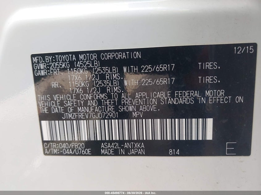 2016 Toyota Rav 4 VIN JTMZFREV7GJ072901 IAAI salvage auction — REAR END, Clear (Wisconsin), sold $5,625 on 2026-07-23 (photo 9)