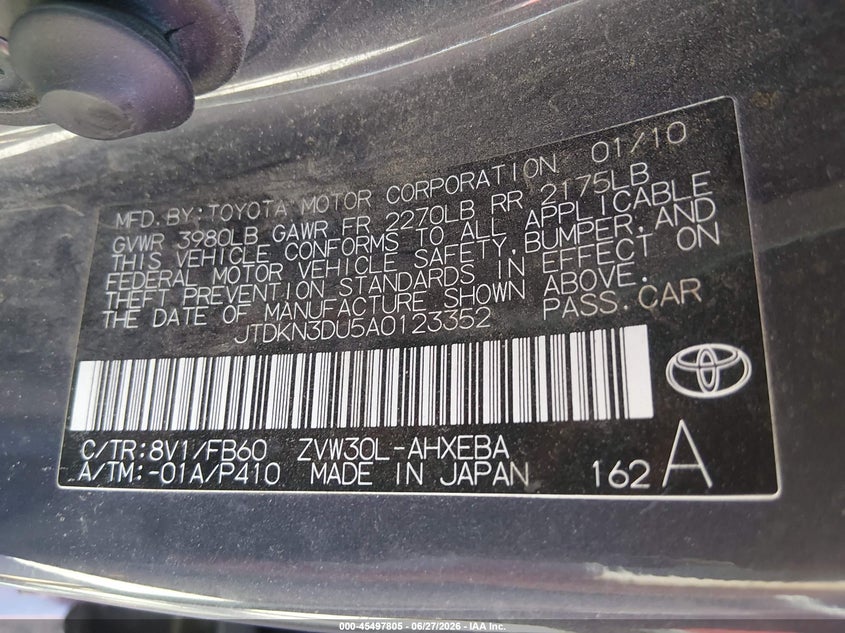 2010 Toyota Prius VIN JTDKN3DU5A0123352 IAAI salvage auction — NORMAL WEAR, Clear (Colorado), sold $925 on 2026-07-28 (photo 9)