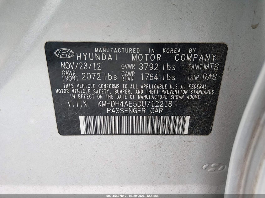 2013 Hyundai Elantra VIN KMHDH4AE5DU712218 IAAI salvage auction — THEFT, Salvage Title, sold $1,700 on 2026-08-03 (photo 9)