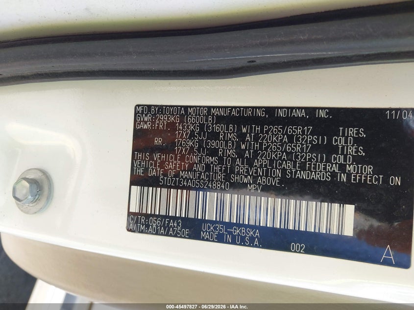 2005 Toyota Sequoia VIN 5TDZT34A05S248840 IAAI salvage auction — UNKNOWN, Salvage (California), sold $1,100 on 2026-07-31 (photo 9)