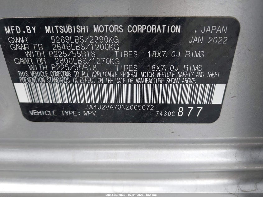 2022 Mitsubishi VIN JA4J2VA73NZ065672 IAAI salvage auction — FRONT END, Salvage Title, sold $3,150 on 2026-07-31 (photo 9)
