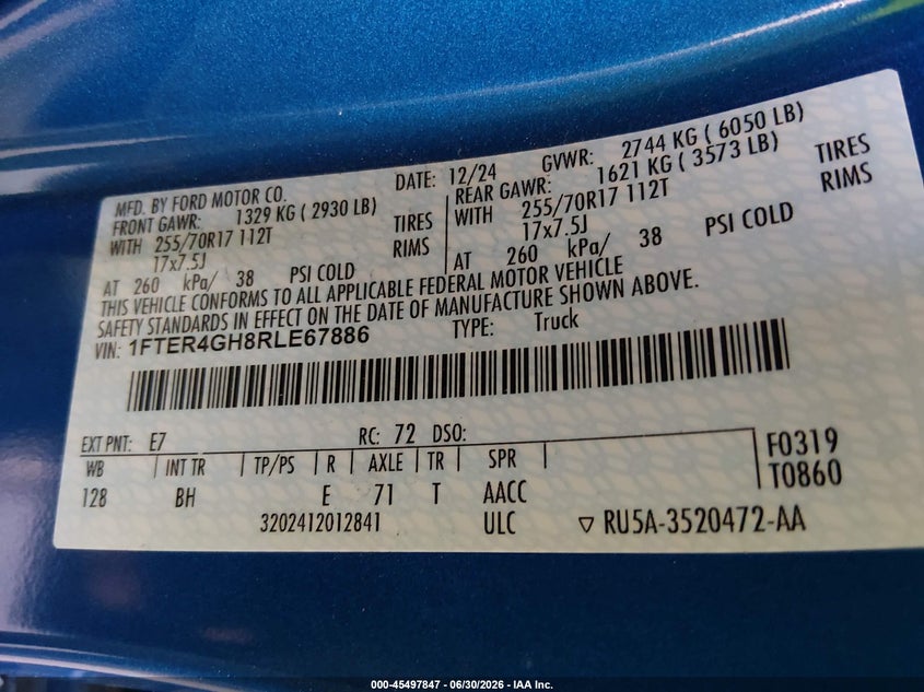 2024 Ford Ranger VIN 1FTER4G88RLE67886 IAAI salvage auction — RIGHT FRONT, Salvage Title, sold $12,250 on 2026-08-23 (photo 9)