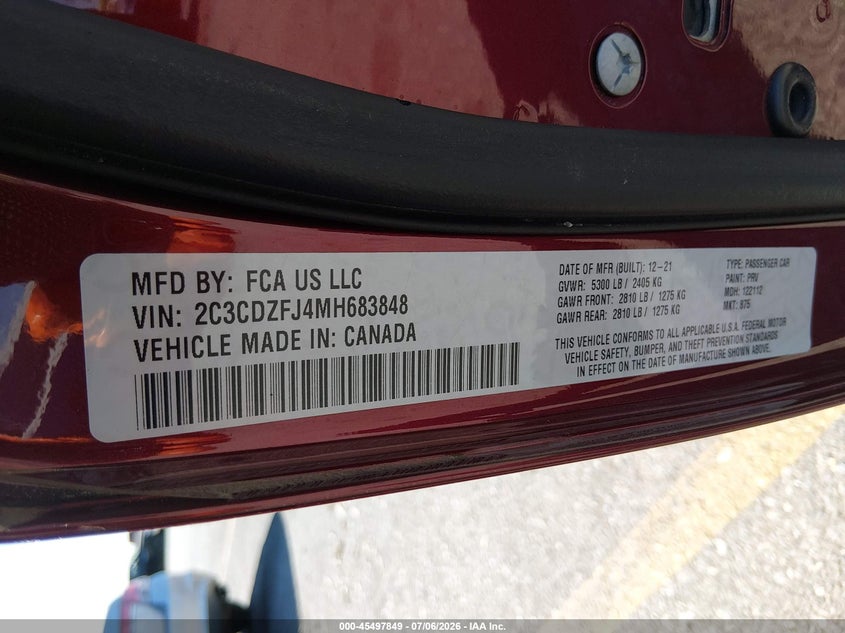 2021 Dodge Challenger VIN 2C3CDZFJ4MH683848 IAAI salvage auction — FRONT & REAR, Salvage Title, sold $13,100 on 2026-08-24 (photo 9)