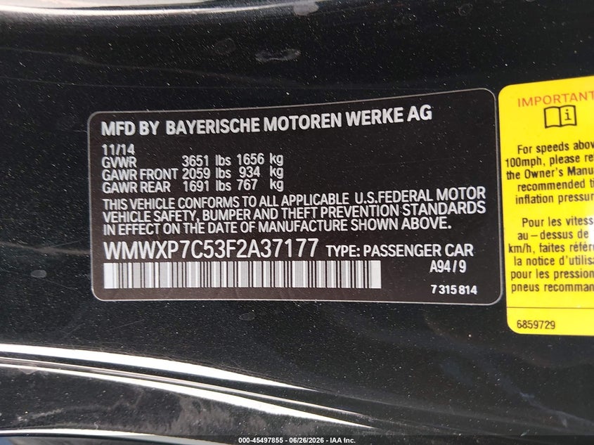 2015 Mini Hard top VIN WMWXP7C53F2A37177 IAAI salvage auction — LEFT FRONT, Salvage (California), sold $1,150 on 2026-07-29 (photo 9)