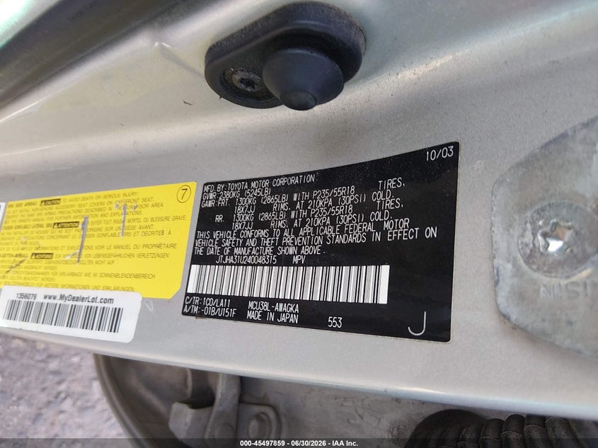 2004 Lexus Rx 330 VIN JTJHA31U240048315 IAAI salvage auction — NORMAL WEAR, Clear (Colorado), sold $1,125 on 2026-07-21 (photo 9)