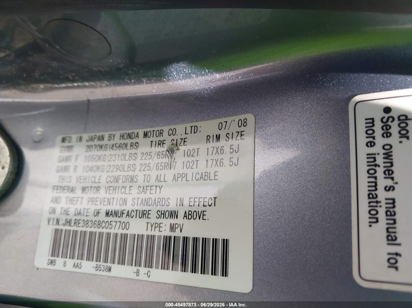2008 Honda Cr-v VIN JHLRE38368C057700 IAAI salvage auction — LEFT FRONT, Salvage Certificate (California), sold $1,400 on 2026-07-10 (photo 9)