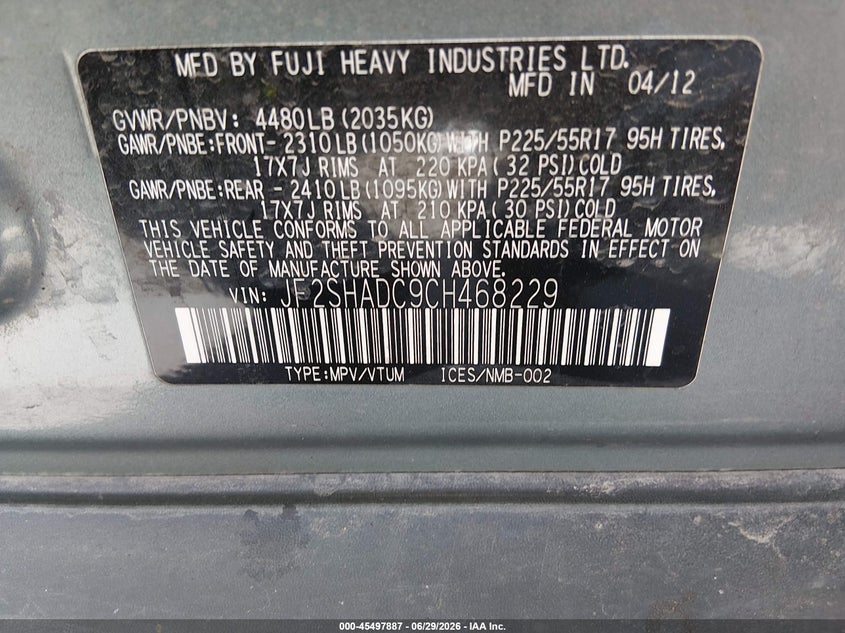 2012 Subaru Forester VIN JF2SHADC9CH468229 IAAI salvage auction — FRONT END, Salvage Title, sold $1,125 on 2026-07-23 (photo 9)