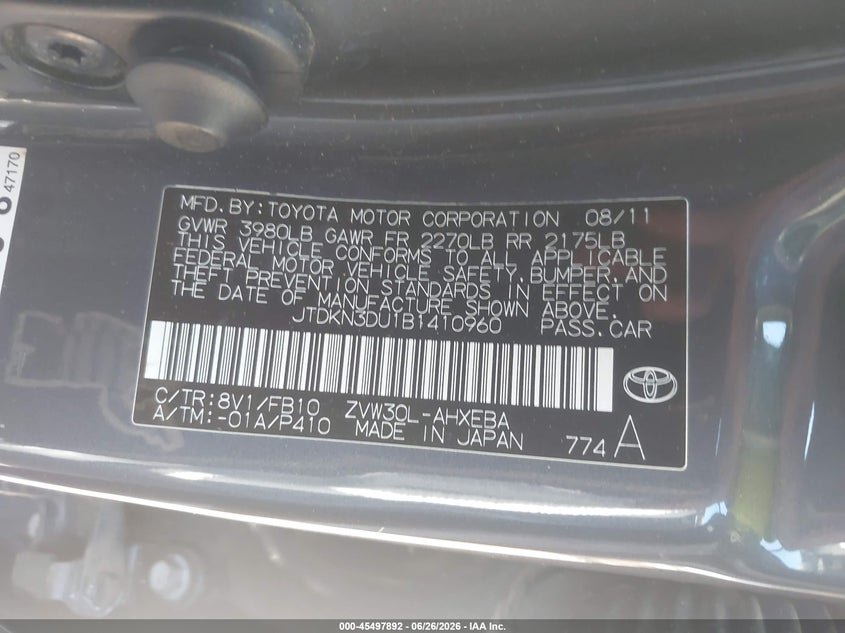 2011 Toyota Prius VIN JTDKN3DU1B1410960 IAAI salvage auction — NORMAL WEAR, Clear (Arizona), sold $475 on 2026-07-28 (photo 9)