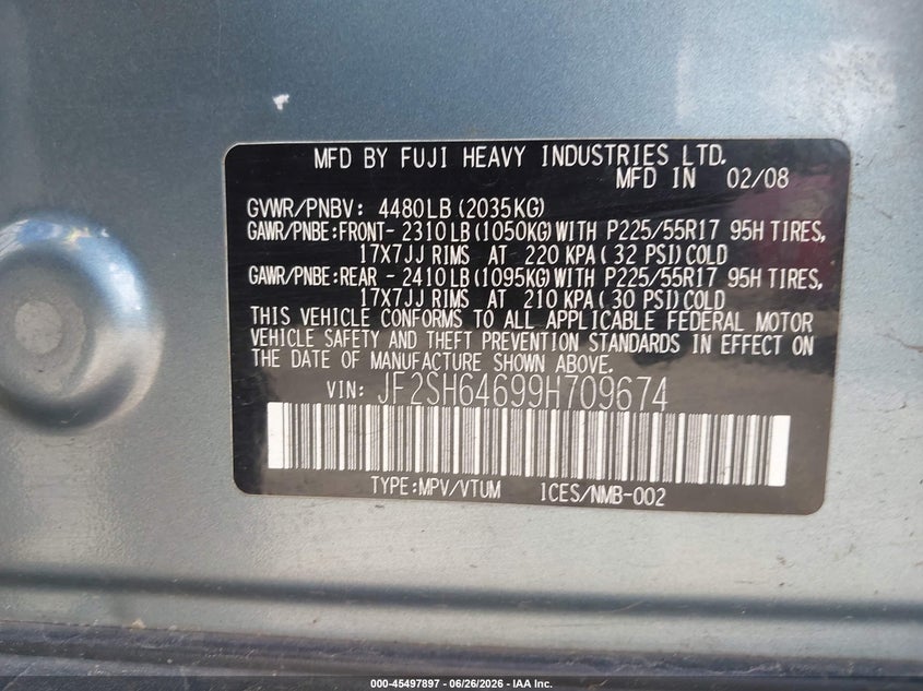 2009 Subaru Forester VIN JF2SH64699H709674 IAAI salvage auction — NORMAL WEAR, Rebuilt-Non-Public (Washington), sold $575 on 2026-07-08 (photo 9)