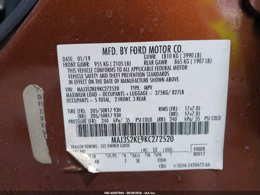 2019 Ford Ecosport VIN MAJ3S2KE9KC272520 IAAI salvage auction — FRONT END, Salvage (New Mexico), sold $25 on 2026-07-29 (photo 9)