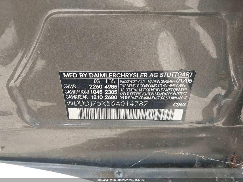2006 Mercedes-benz Cls-class VIN WDDDJ75X56A014787 IAAI salvage auction — LEFT REAR, Salvage (California), sold $800 on 2026-07-08 (photo 9)