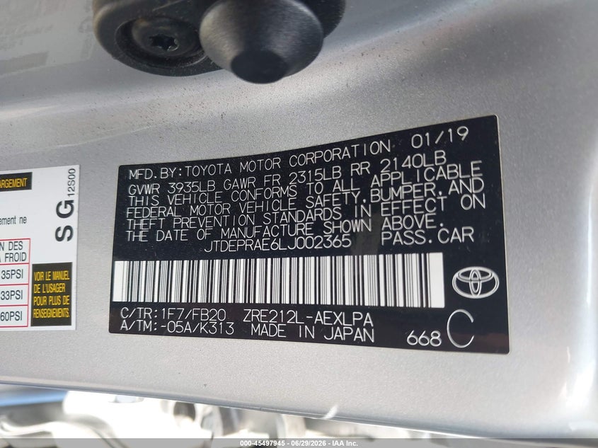 2020 Toyota Corolla VIN JTDEPRAE6LJ002365 IAAI salvage auction — FRONT END, Wait Title, sold $5,450 on 2026-07-31 (photo 9)