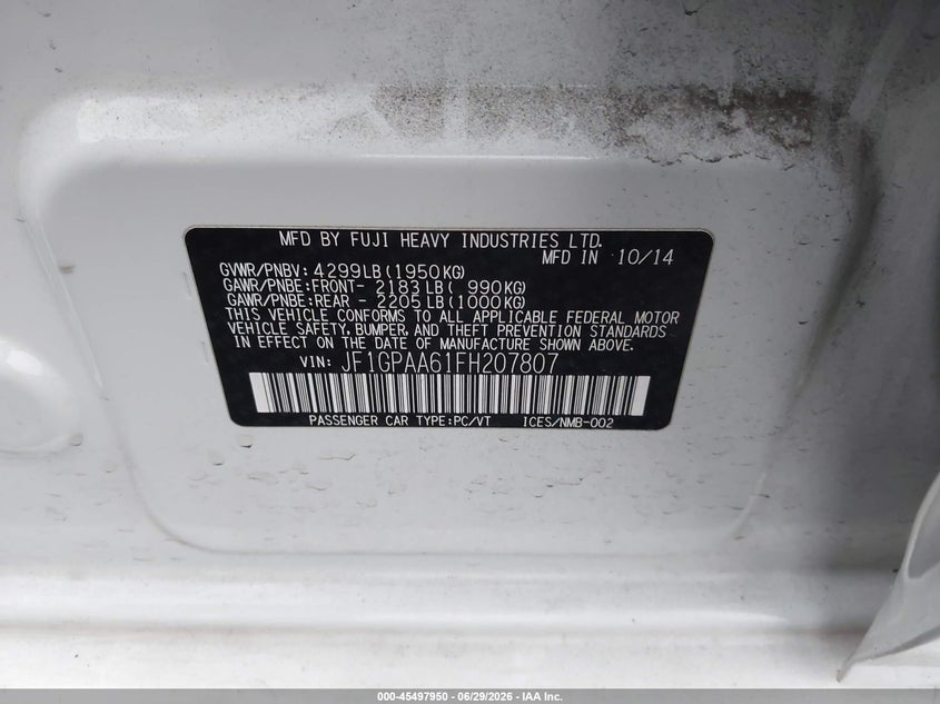 2015 Subaru Impreza VIN JF1GPAA61FH207807 IAAI salvage auction — LEFT FRONT, Salvage Title, sold $25 on 2026-07-17 (photo 9)