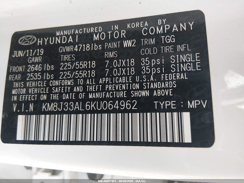 2019 Hyundai Tucson VIN KM8J33AL6KU064962 IAAI salvage auction — FRONT END, Salvage (Tennessee), sold $2,550 on 2026-07-30 (photo 9)