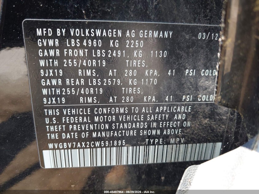 2012 Volkswagen Tiguan VIN WVGBV7AX2CW591895 IAAI salvage auction — NORMAL WEAR, Original (Maine), sold $475 on 2026-07-06 (photo 9)