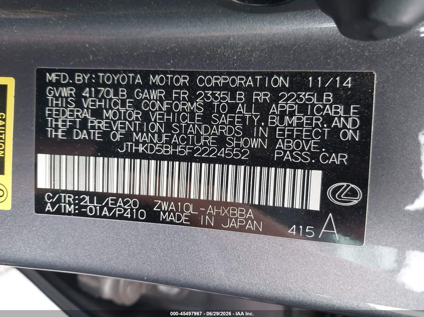 2015 Lexus Ct VIN JTHKD5BH5F2224552 IAAI salvage auction — RIGHT REAR, Salvage Title, sold $2,450 on 2026-07-15 (photo 9)