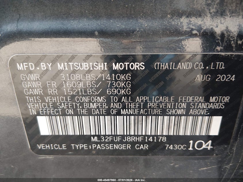 2024 Mitsubishi Mirage VIN ML32FUFJ8RHF14178 IAAI salvage auction — NORMAL WEAR, Clear-Dealer Only (West Virginia), sold $1,400 on 2026-07-30 (photo 9)