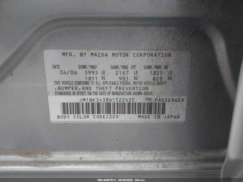 2006 Mazda 3 VIN JM1BK343861522435 IAAI salvage auction — REAR END, Salvage (North Carolina), sold $250 on 2026-07-22 (photo 9)
