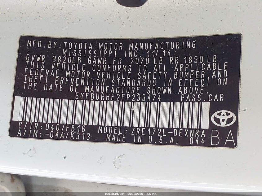 2015 Toyota Corolla VIN 5YFBURHE2FP233474 IAAI salvage auction — WATER/FLOOD, Salvage (Louisiana), sold $1,400 on 2026-07-28 (photo 9)