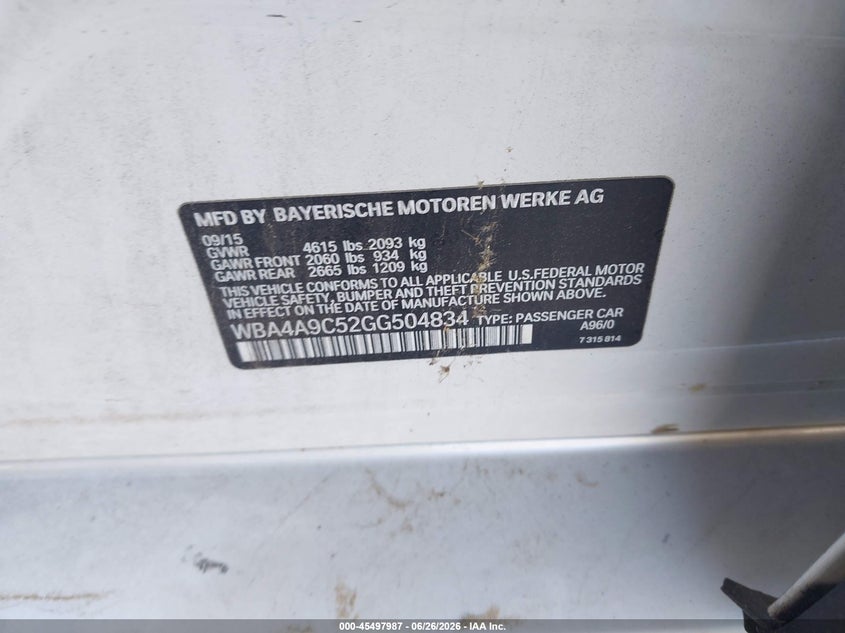 2016 BMW 4er VIN WBA4A9C52GG504834 IAAI salvage auction — NORMAL WEAR, Clear (California), sold $2,400 on 2026-07-29 (photo 9)
