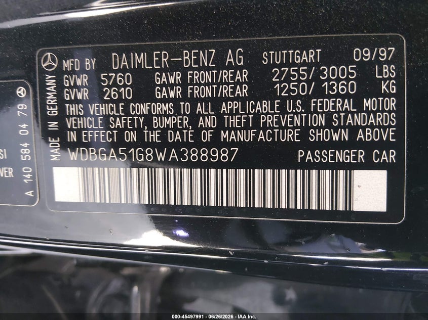 1998 Mercedes-benz S class VIN WDBGA51G8WA388987 IAAI salvage auction — VANDALISM, Salvage (California), sold $10,600 on 2026-07-12 (photo 9)