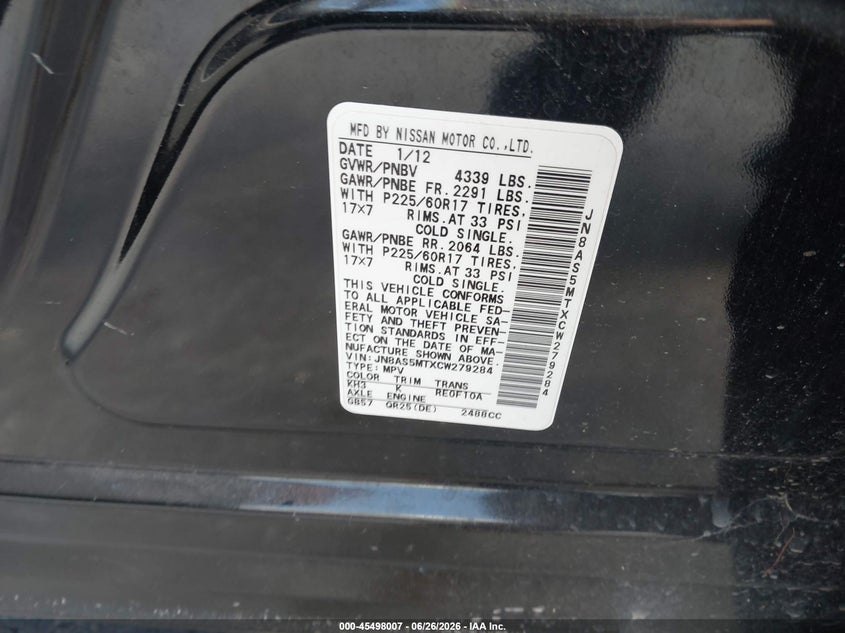 2012 Nissan Rogue VIN JN8AS5MTXCW279284 IAAI salvage auction — FRONT END, Salvage Title - Dealer (California), sold $400 on 2026-07-09 (photo 9)