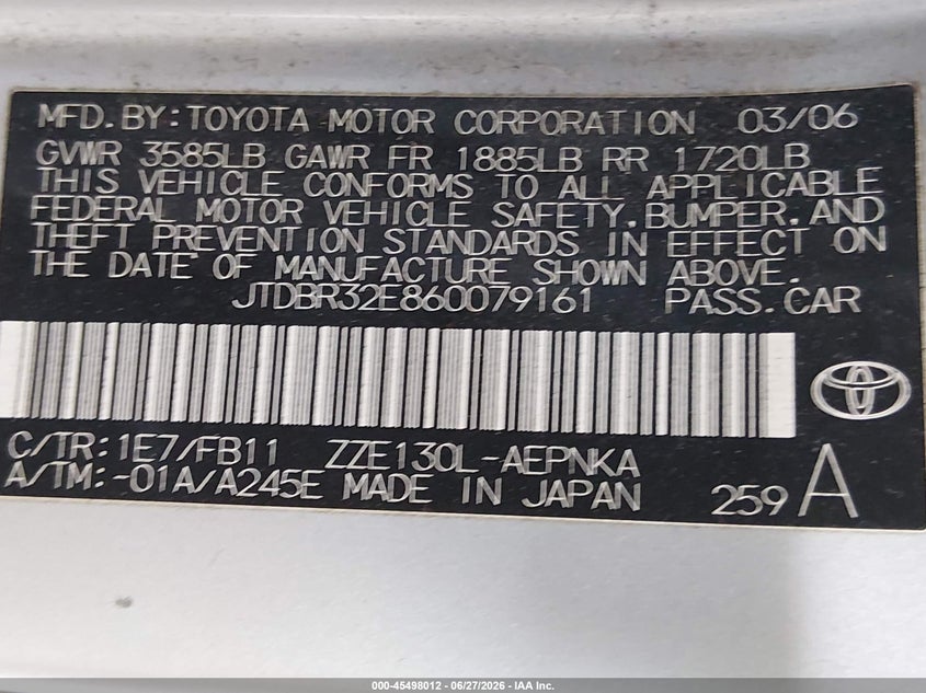 2006 Toyota Corolla VIN JTDBR32E860079161 IAAI salvage auction — FRONT END, Bill Of Sale (Washington), sold $1,200 on 2026-07-22 (photo 9)