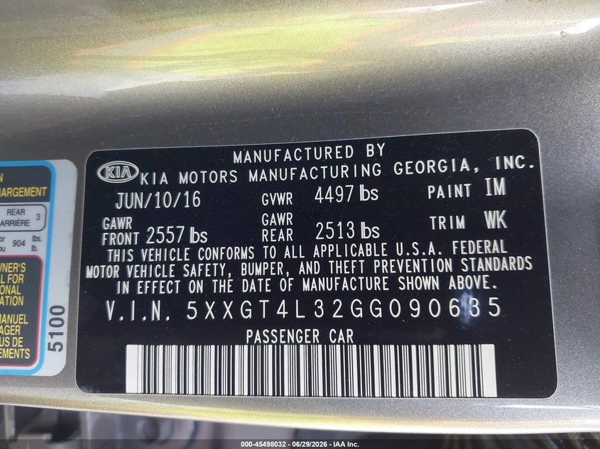 2016 Kia Optima VIN 5XXGT4L32GG090635 IAAI salvage auction — REAR END, Salvage (California), sold $1,825 on 2026-07-20 (photo 9)