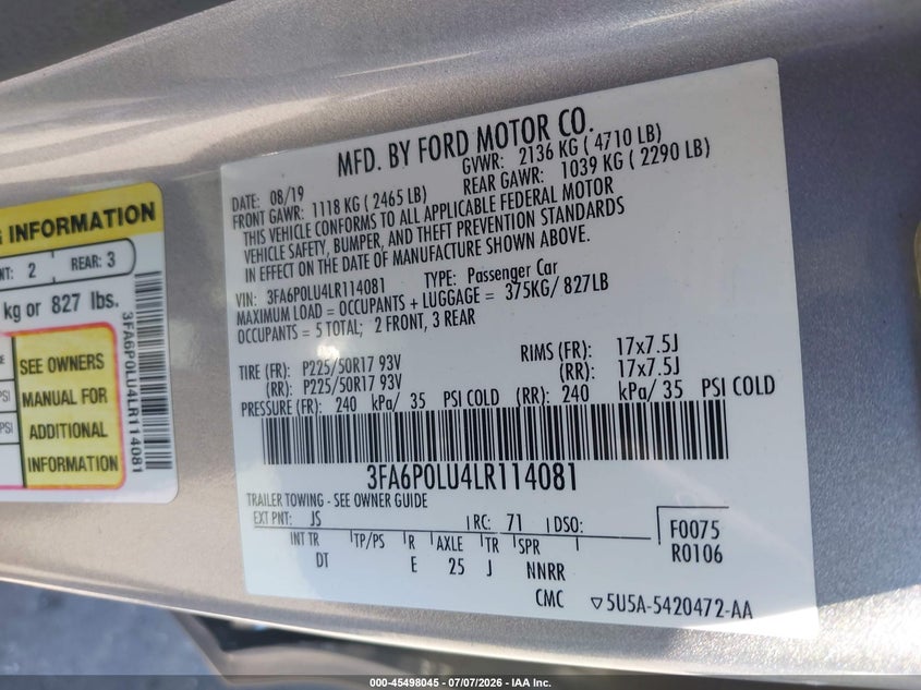 2020 Ford Fusion VIN 3FA6P0LU4LR114081 IAAI salvage auction — REAR END, Salvage Title, sold $1,650 on 2026-07-12 (photo 9)