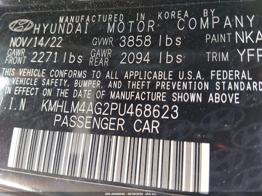 2023 Hyundai Elantra VIN KMHLM4AG2PU468623 IAAI salvage auction — HAIL, Salvage Title, sold $6,600 on 2026-07-24 (photo 9)