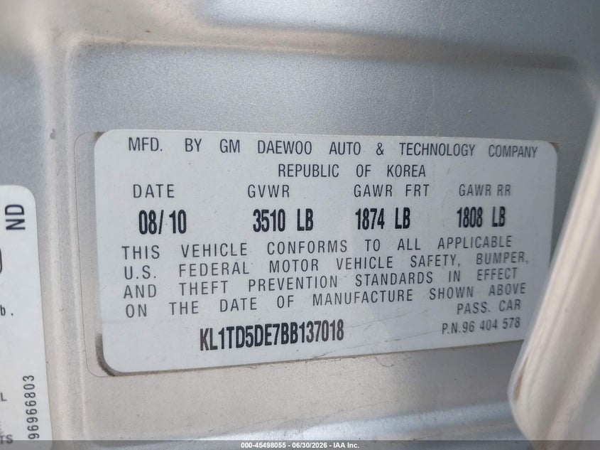 2011 Chevrolet Aveo VIN KL1TD5DE7BB137018 IAAI salvage auction — NORMAL WEAR, Rebuilt/Restored (Utah), sold $150 on 2026-07-29 (photo 9)