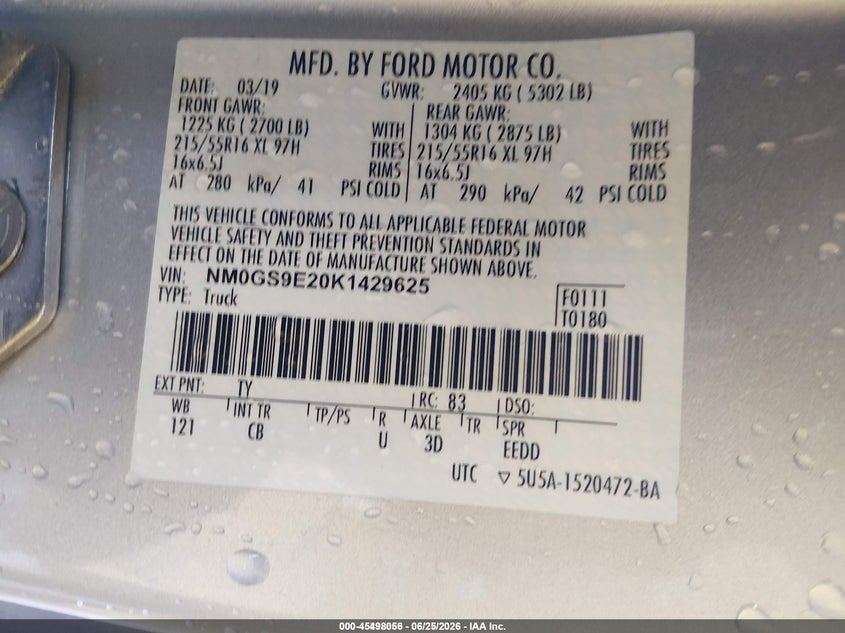 2019 Ford Transit connect VIN NM0GS9E20K1429625 IAAI salvage auction — NORMAL WEAR, Sf97 (Nevada), sold $25 on 2026-07-30 (photo 9)
