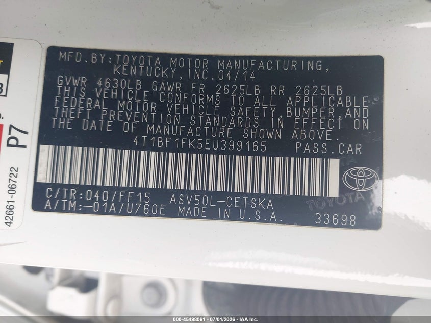 2014 Toyota Camry VIN 4T1BF1FK5EU399165 IAAI salvage auction — REAR END, Salvage (California), sold $2,750 on 2026-07-20 (photo 9)