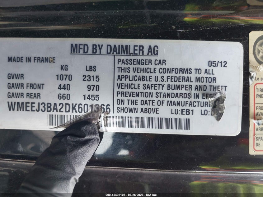 2013 Smart Fortwo VIN WMEEJ3BA2DK601366 IAAI salvage auction — NORMAL WEAR, Clear (Washington), sold $1,150 on 2026-07-15 (photo 9)