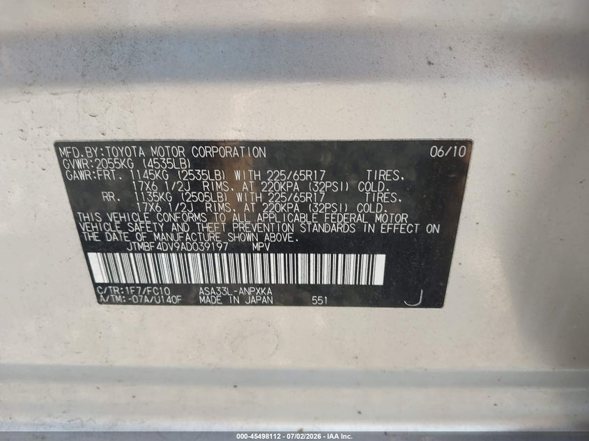 2010 Toyota Rav4 VIN JTMBF4DV9AD039197 IAAI salvage auction — NORMAL WEAR, Clear (New York), sold $3,100 on 2026-07-14 (photo 9)