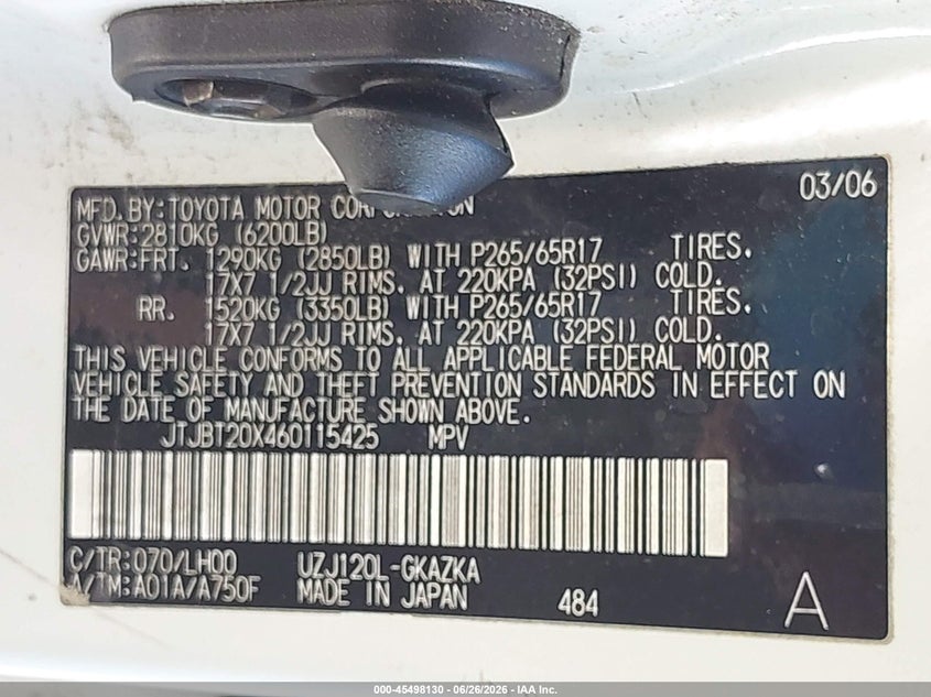 2006 Lexus Gx 470 VIN JTJBT20X460115425 IAAI salvage auction — NORMAL WEAR, Clear - Dealer Only (California), sold $3,600 on 2026-07-21 (photo 9)