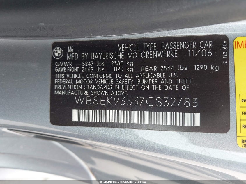 2007 BMW M6 VIN WBSEK93537CS32783 IAAI salvage auction — NORMAL WEAR, Clear - Dealer Only (California), sold $5,850 on 2026-07-29 (photo 9)