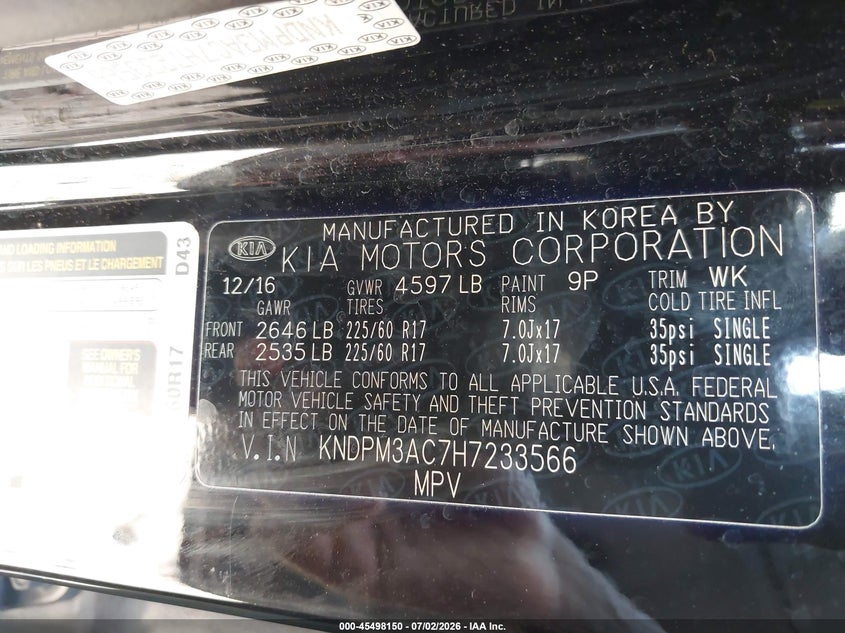 2017 Kia Sportage VIN KNDPM3AC7H7233566 IAAI salvage auction — NORMAL WEAR, Repossession Paperwork (Georgia), sold $525 on 2026-07-16 (photo 9)