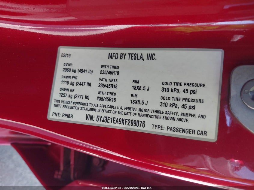 2019 Tesla Model 3 VIN 5YJ3E1EA9KF299076 IAAI salvage auction — FRONT END, Salvage (California), sold $3,475 on 2026-07-23 (photo 9)